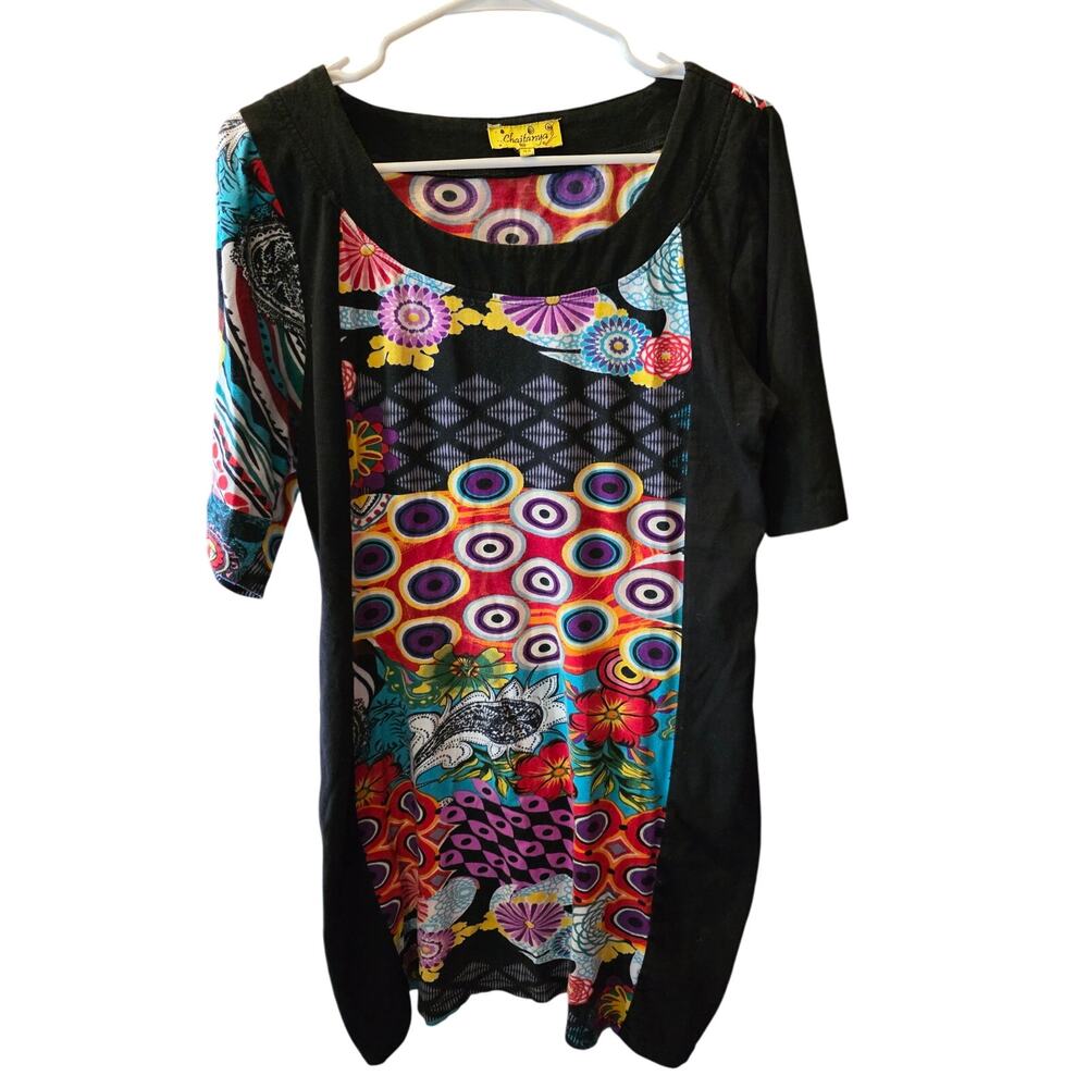 Chaitanya Art To Wear Midi‎ Dress 42 Womens Geometric Lagen Look Short Sleeve